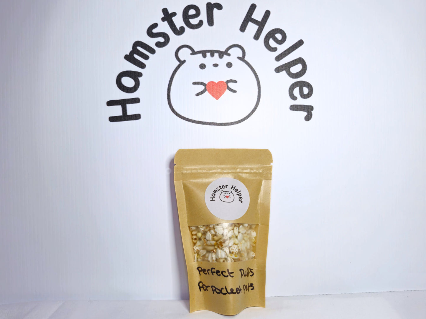 A small pouch of hamster safe mixed puffed grains.