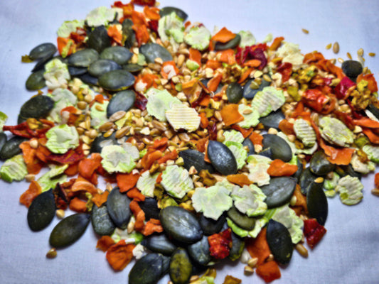 A close up of the hamster safe treat mix containing pumpkin seeds, pea flakes, dried carrots, courgette and pepper and buckwheat, spelt and flax.