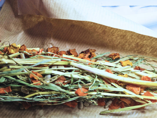 The inside of a carrot chew toy showing that it's filled with timothy hay, carrot, pumpkin and sunflower seeds.