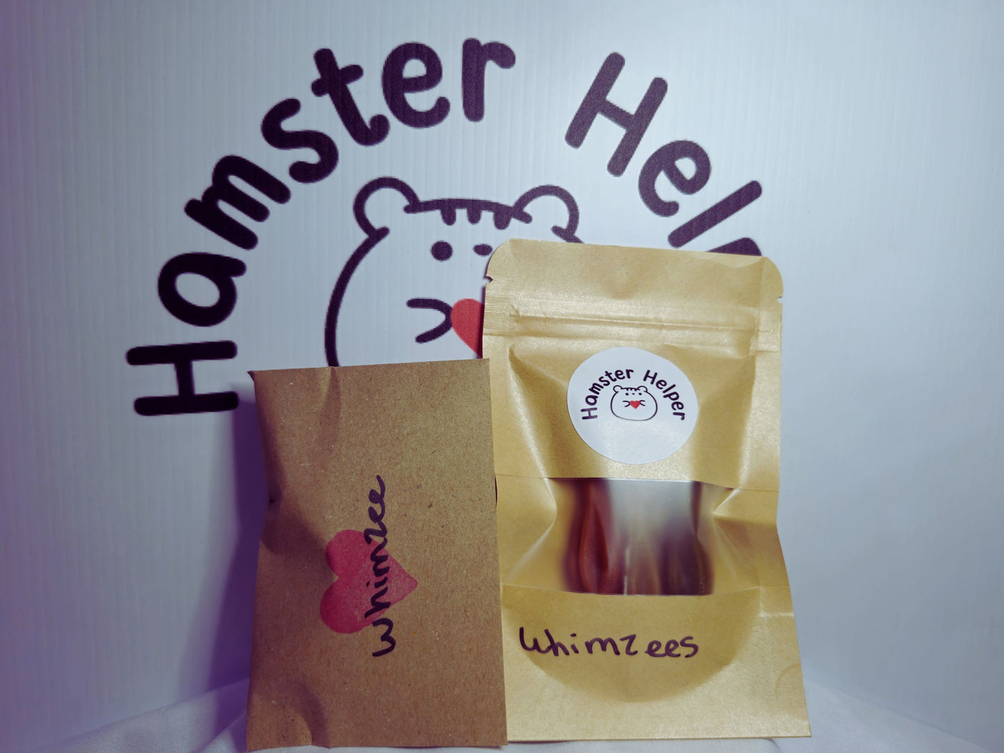 Hamster safe whimzees inside packaging ready for distribution by hamster helper.