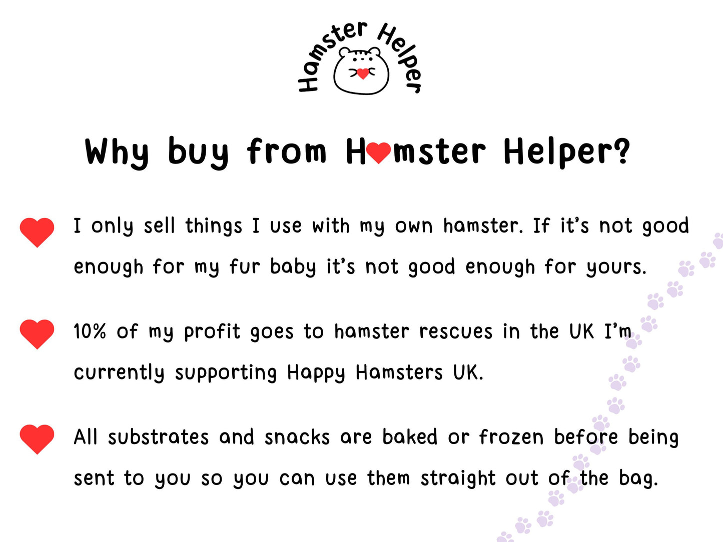 Hamster Helper brand values: Safe products, 10% of profits donated to Happy Hamsters UK, and all substrates/snacks properly prepared. Heart bullet points highlight key points.