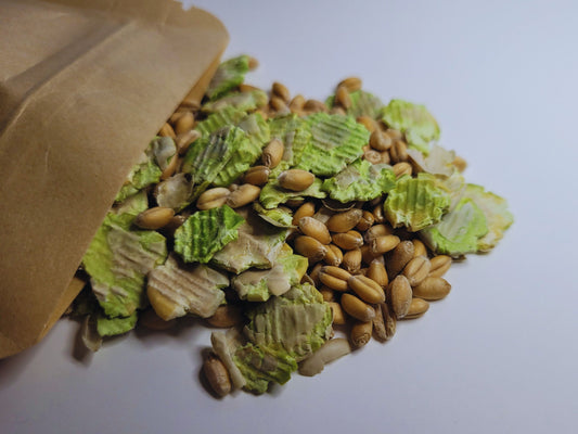 A close up of the pea pleasure power pack  hamster treat mix.