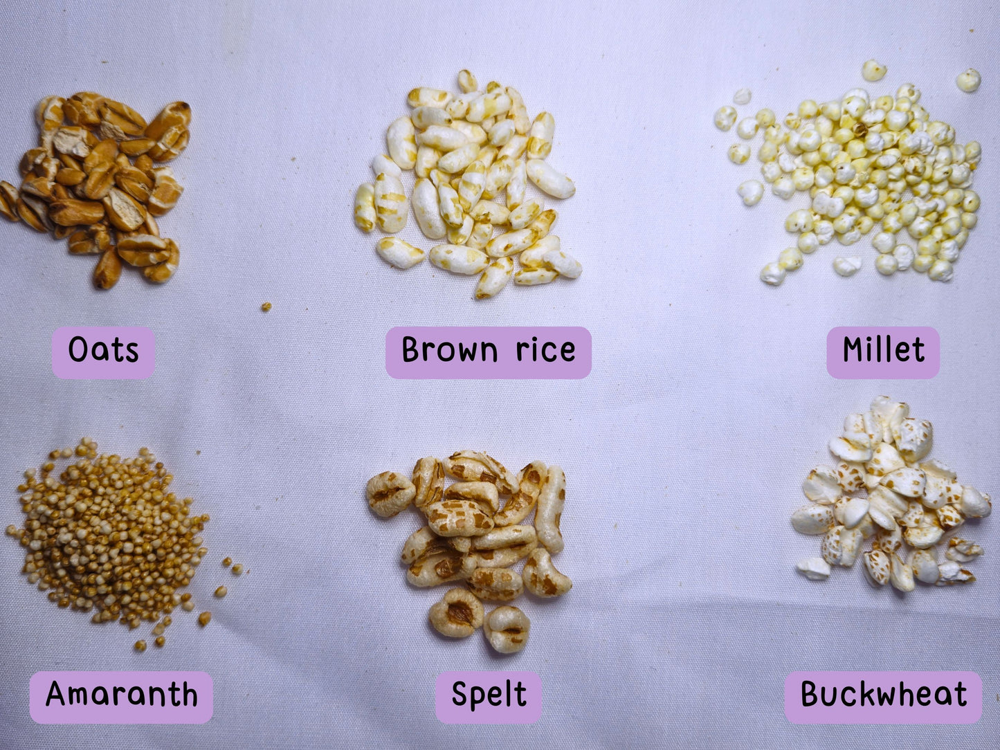 All six puffs included in the mix laid out and labelled.
