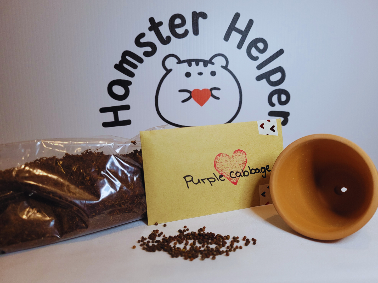 A purple cabbage microgreen kit containing a bag of hamster safe soil, pack of purple cabbage seeds and a terracotta pot in front of the Hamster Helper logo