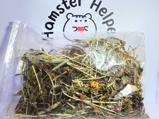 A bag of hamster safe forest forage in front of the Hamster Helper logo.