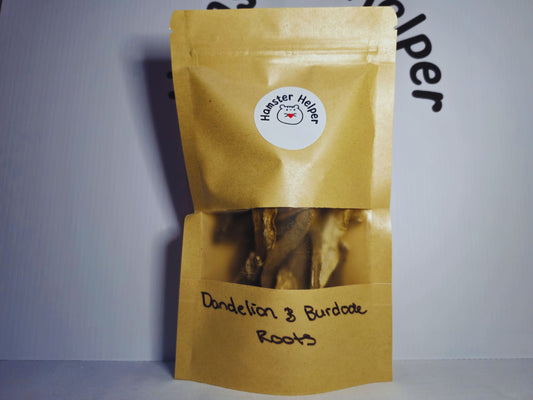 Mixed hamster safe dandelion and burdock roots in a pouch with the hamster helper logo on it.