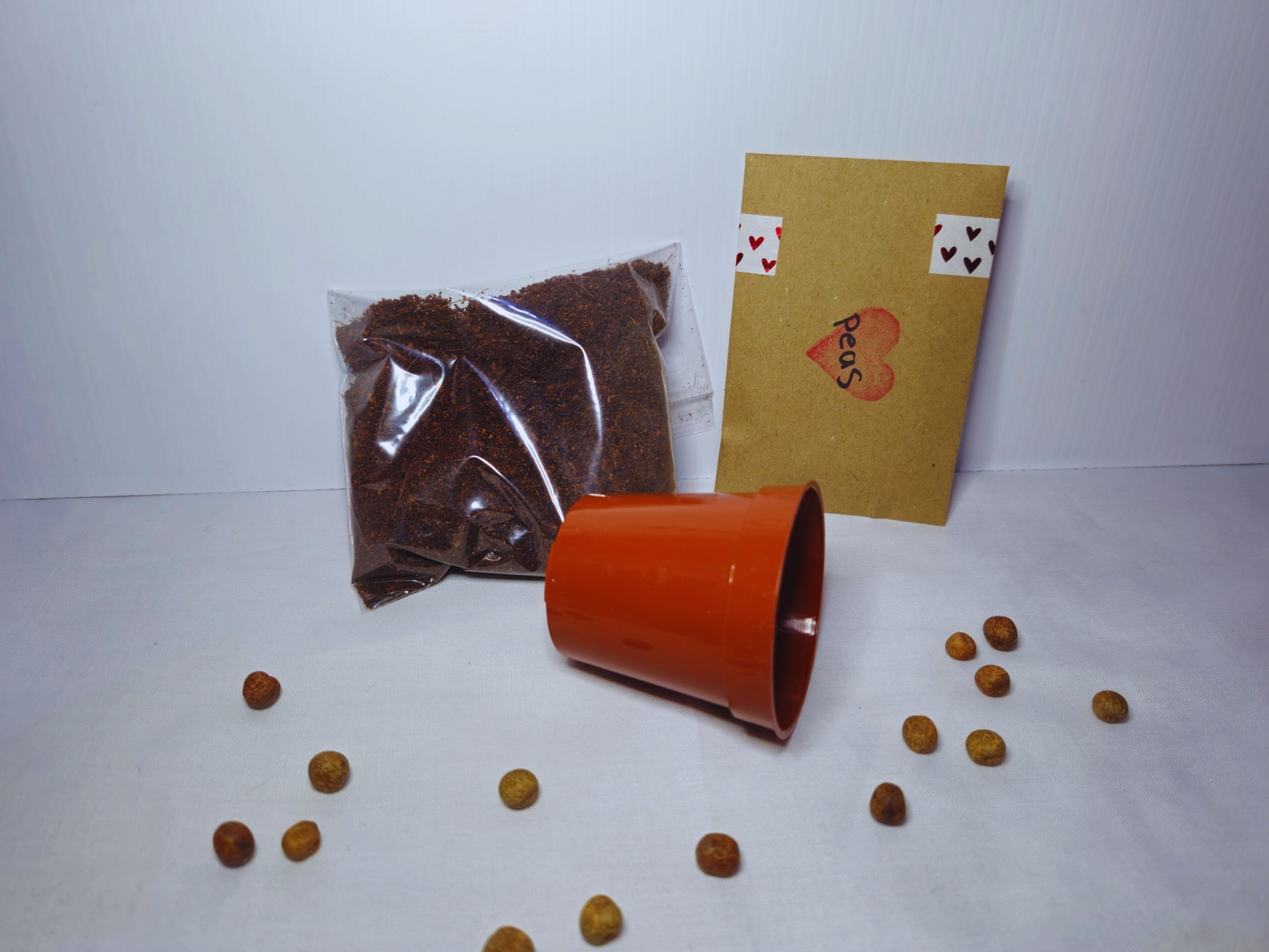 A hamster safe microgreen kit with a terracotta pot showing hamster safe soil, a plastic pot and some pea seeds.