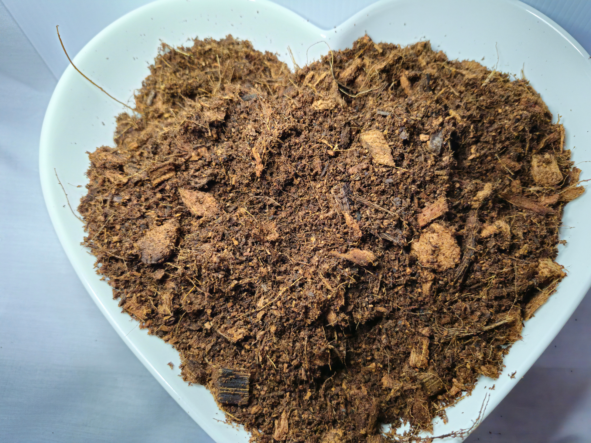 A close up of hamster safe textured soil in a heart shaped bowl.