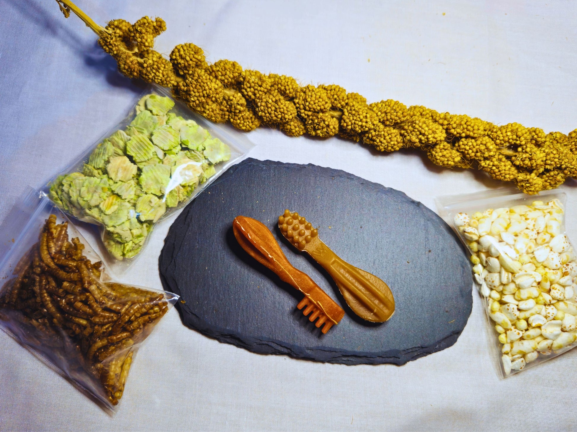 A hamster safe millet spray, taster packs of mealworms, pea flakes and mixed puffs, a large slate and two toothbrush whimzees showing some of the items in the box.