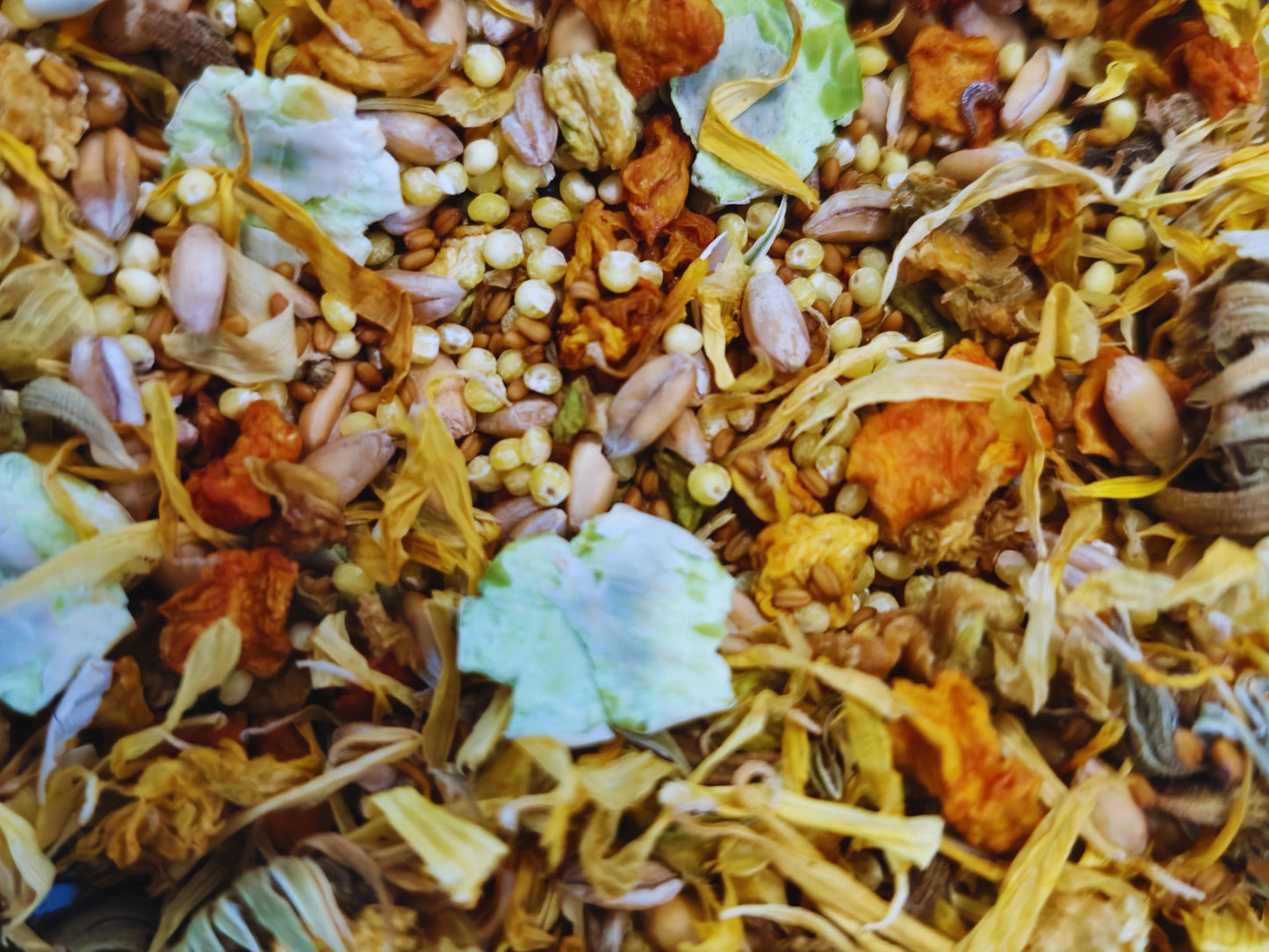 A close up of the marigold meadow munch hamster treat mix.