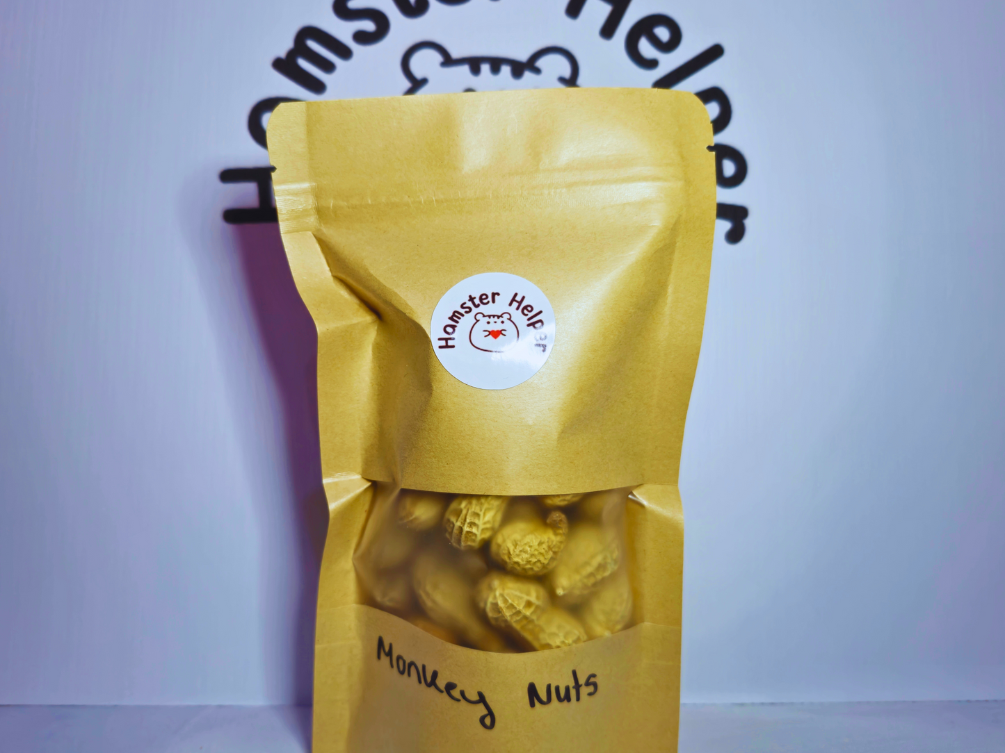 A pouch of hamster safe monkey nuts with a Hamster Helper logo on them.