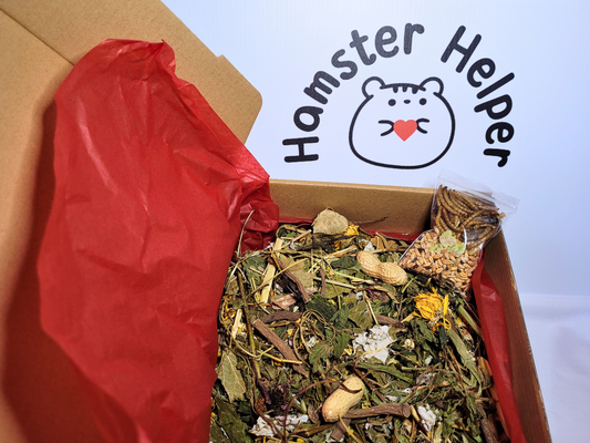 Hamster safe forage with a crunchy topper displayed in a cardboard box lined with red tissue paper in front of the Hamster Helper logo