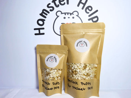 A large and small packet of hamster safe puffed grains next to each other