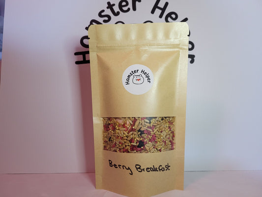 The berry breakfast treat mix in a food pouch that has the hamster helper logo on it.