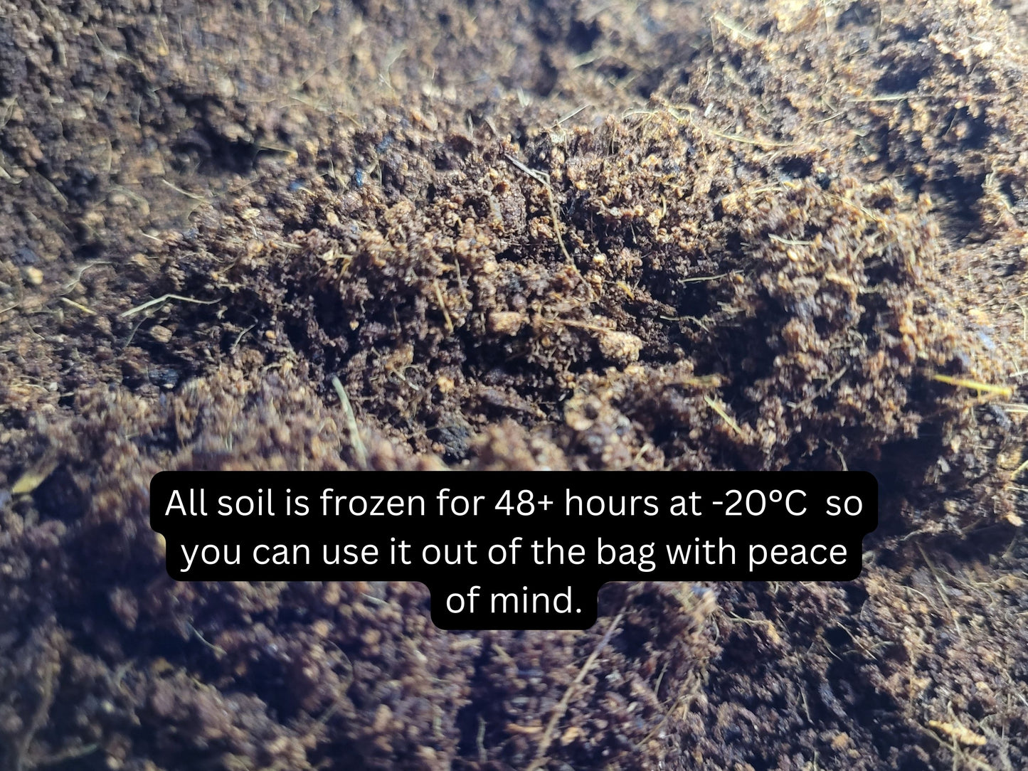 A close up picture of the hamster safe coco soil with some text explaining that the soil is frozen before being sold.