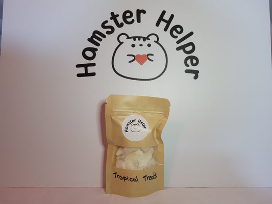 The tropical treats hamster treat mix in a pouch with the hamster helper logo behind it and on the pouch