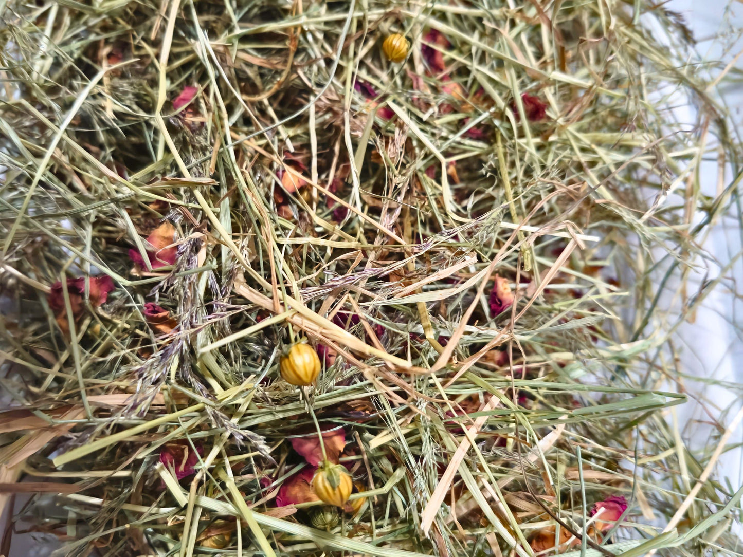 Rose Meadow Hay Blend (with Flax) – Hamster Foraging Hay