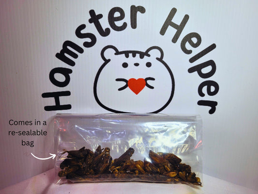 A resealable bag of hamster safe crickets in front of the hamster helper logo