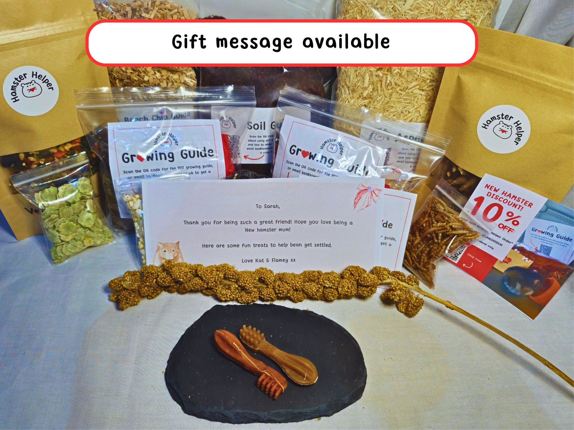 A close up of the contents of the new hamster box with a gift message demonstrating that gift messages are available.