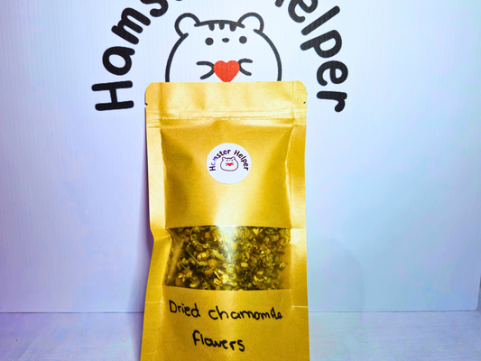 A pouch of dried chamomile flowers for hamsters with the Hamster Helper logo on it.