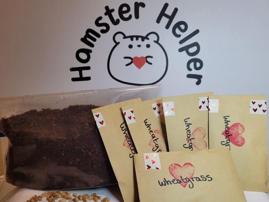 A refill kit for growing hamster microgreens containing five packs of microgreen seeds and a bag of soil pictured in front of the Hamster Helper logo