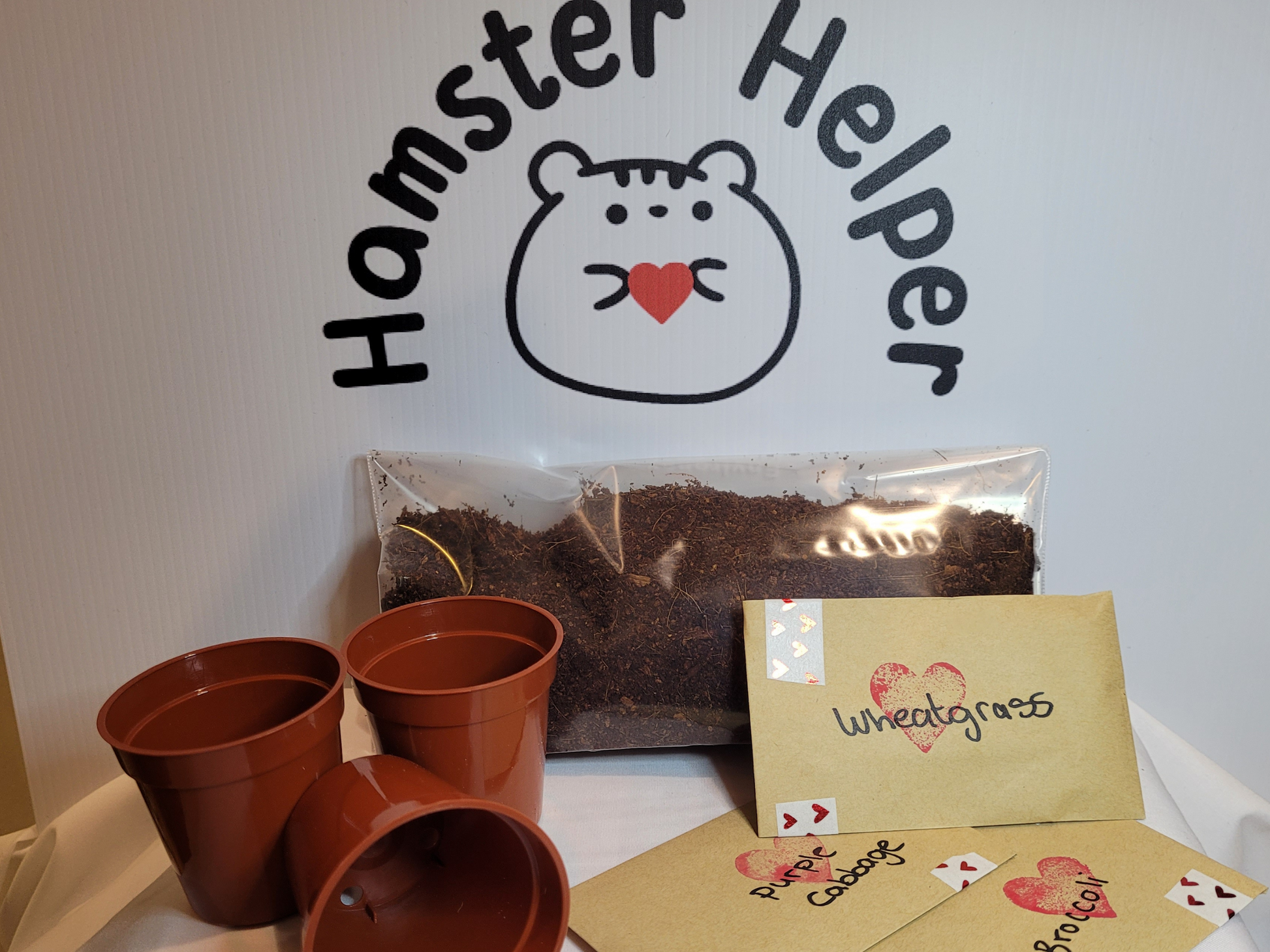A kit for growing hamster microgreens containing three plastic plant pots, three packs of seeds and some hamster safe soil pictured in front of the Hamster Helper logo
