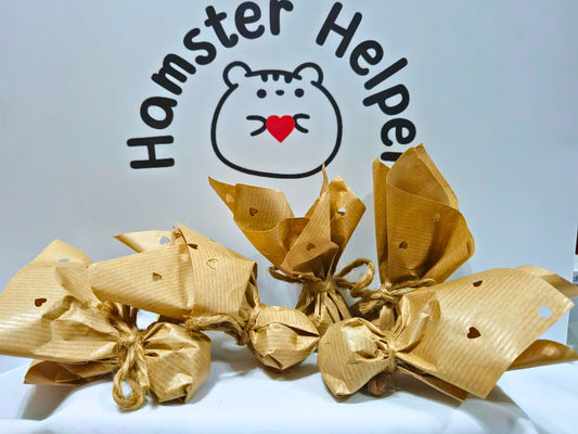 Heart stamped valentines scrunchy munchers in front of the Hamster  Helper logo.
