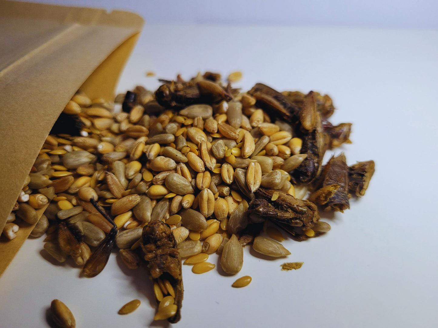 A close up of the cricket crunch combo hamster mix showing that it contains crickets, seeds and grains