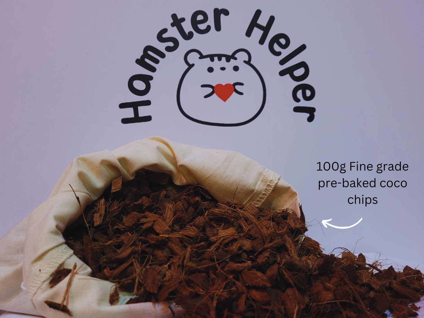 A cotton bag containing hamster safe coco chips in front of the Hamster Helper logo