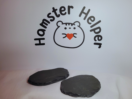 Two hamster nail maintenance slates in front of the hamster helper logo.