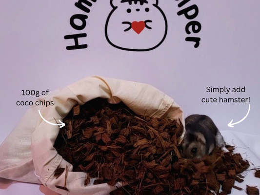 fine grade coco chips in a cotton bag being explored by a dwarf hamster in front of the Hamster Helper logo