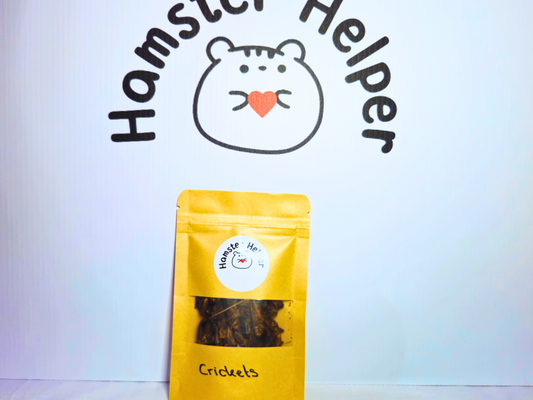 A resealable bag of hamster safe crickets in front of the hamster helper logo