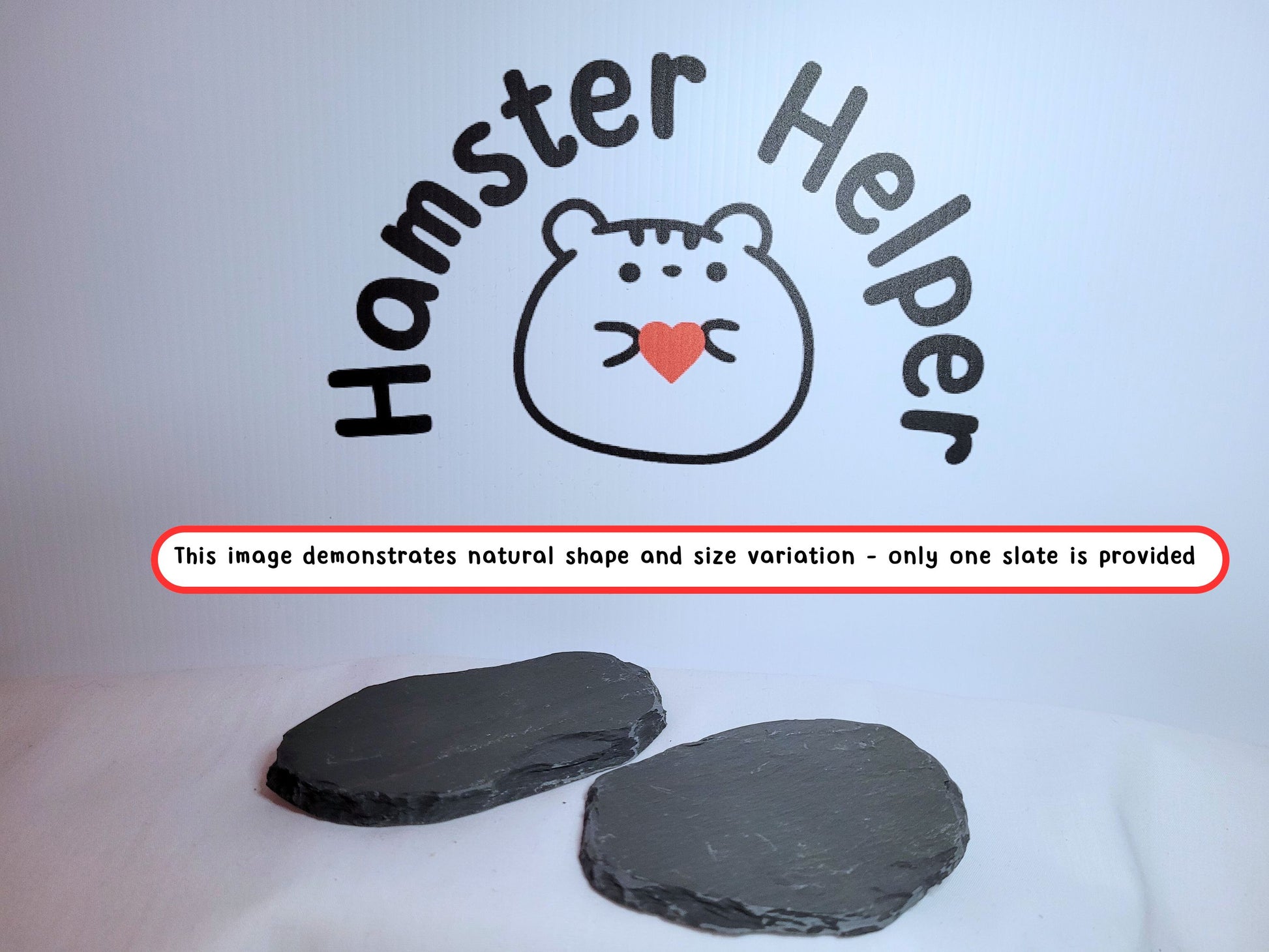Two hamster nail maintenance slates in front of the hamster helper logo demonstrating size variation.