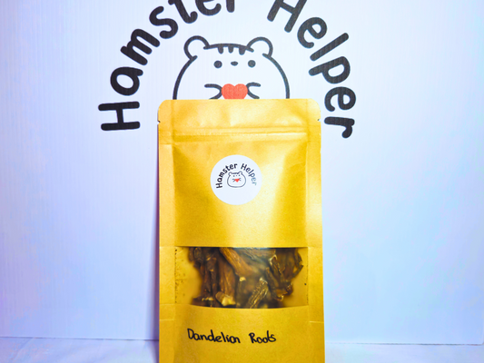 A bag of hamster safe dandelion roots with the Hamster Helper logo on them.