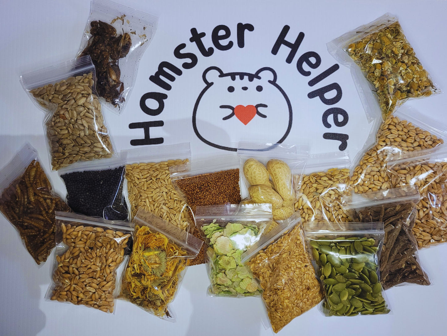 All the hamster safe treats in the Hamster Heaven treat sampler arranged around the Hamster Helper logo.