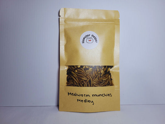 The mealworm munchies medley in a brown pouch with a window showing the mix inside